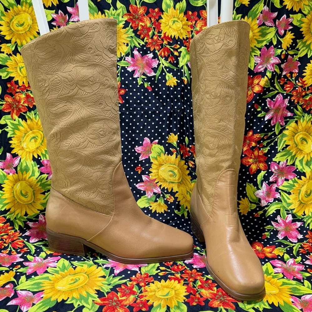 Markon SUELA embossed leather & suede boho western cowboy boots neutral 10M